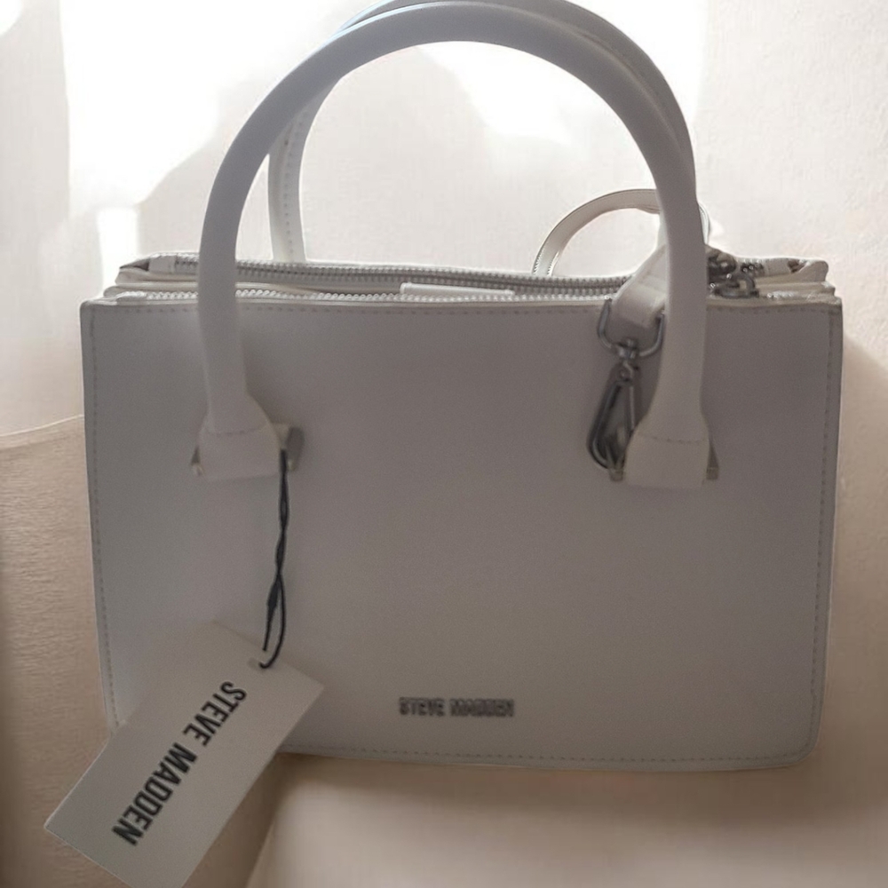 Steve Madden White Leather Satchel with Silver Hardware